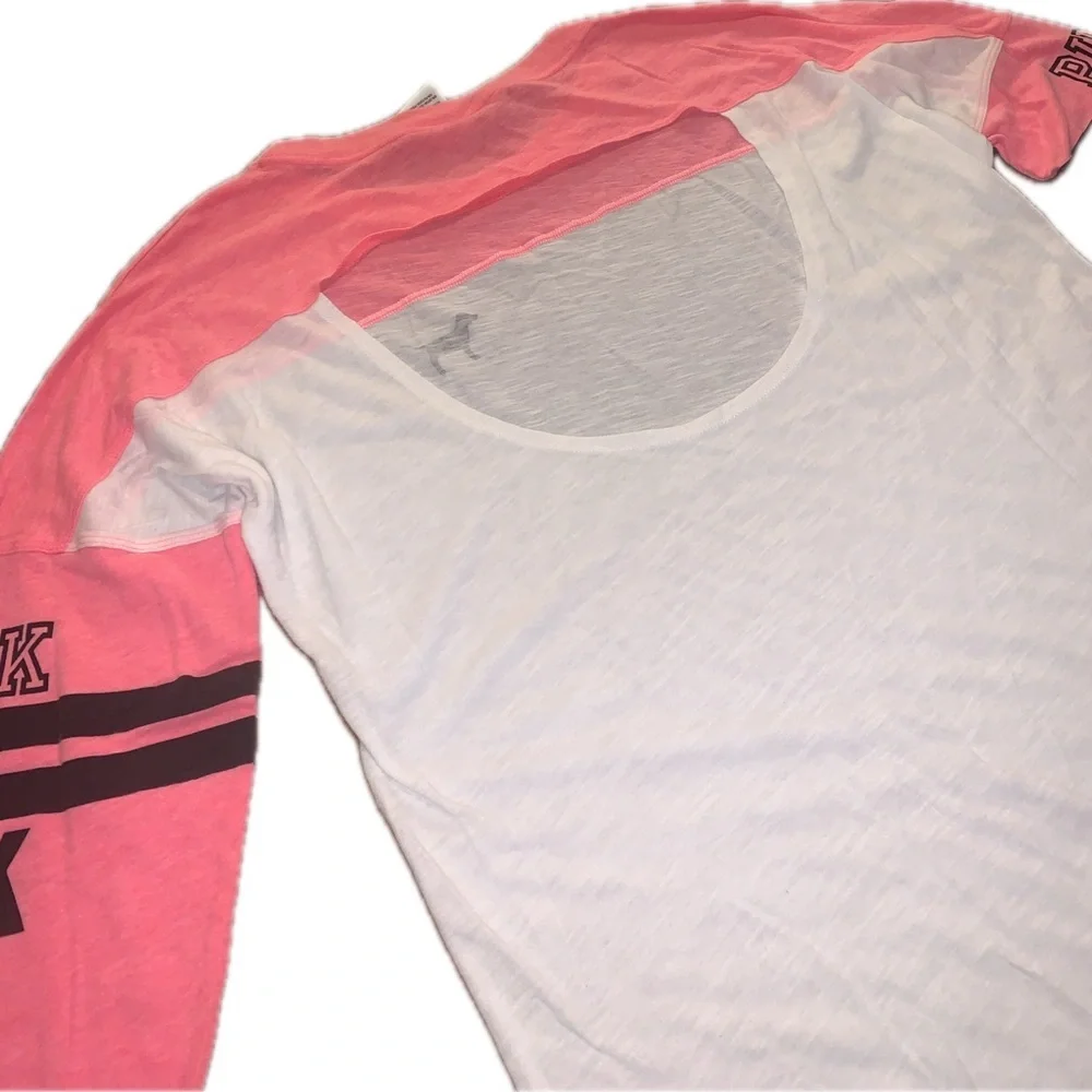 PINK Victoria's Secret Open Back Oversized Hot Neon PinkWhite Long Sleeve Tee XS - Picture 7 of 7
